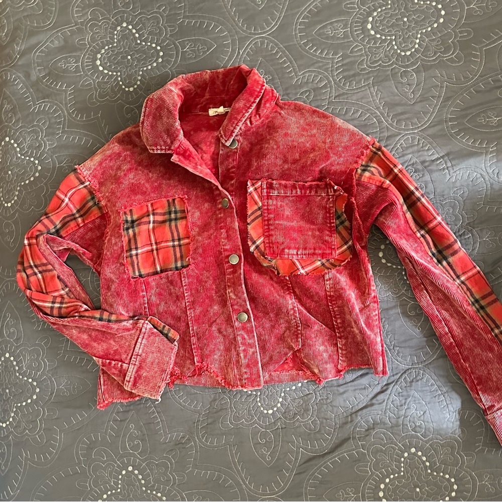 Red Plaid Distressed Jean Jacket